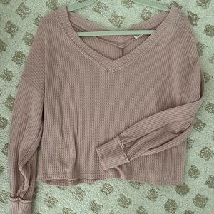 Waffle knit v neck  crop top dusty rose